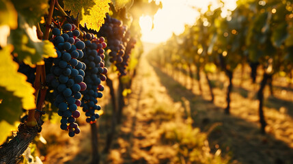 Lush vineyard filled with bunches of grapes on sunny day, AI Generated - obrazy, fototapety, plakaty