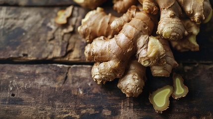 Ginger root on a wooden background, top view - obrazy, fototapety, plakaty