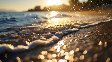 Soothing beach scene with sun's rays in bokeh effect, AI Generated