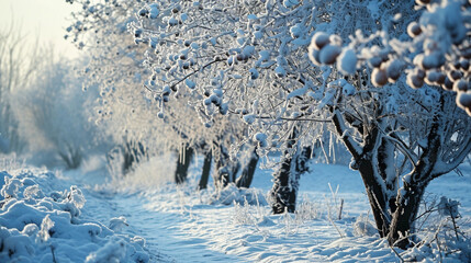 Wintry scene with fruit trees laden with ice, AI Generated