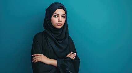 Naklejka premium Young confident arabian asian muslim woman in abaya hijab with hands crossed folded isolated on a plain blue background studio portrait