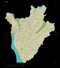 Burundi shape on black. Topographic Map