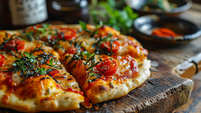 Fresh basil and cherry tomato pizza on a wooden board, artisan wood-fired Margherita pizza with charred tomatoes, fresh herbs and mozzarella cheese Gourmet Italian pizza, Generative AI