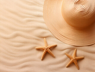 Fototapeta na wymiar Top view of a beach hat and starfish on beige background