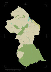 Guyana shape on black. Topographic Map