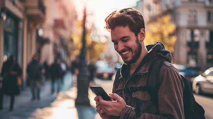Young handsome man using smartphone in a city. Smiling student men texting on his mobile phone isolated portrait. Modern lifestyle, connection - obrazy, fototapety, plakaty