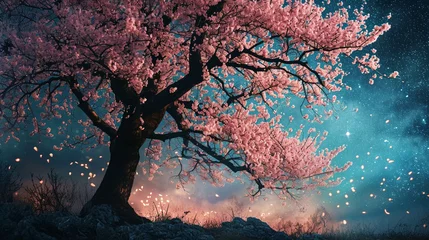 Foto op Aluminium Imagine cherry blossoming tree with cherries as stars in night sky, AI Generated © Shining Pro