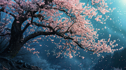 Imagine cherry blossoming tree with cherries as stars in night sky, AI Generated - obrazy, fototapety, plakaty
