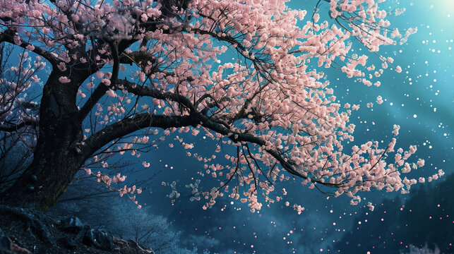 Imagine cherry blossoming tree with cherries as stars in night sky, AI Generated