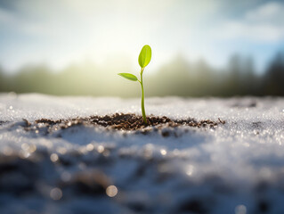 young plant sprouts out of the snow - obrazy, fototapety, plakaty
