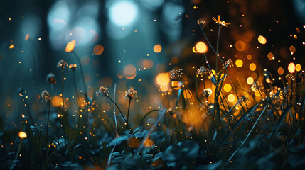 Serenade night with bokeh effect featuring twinkling fireflies, AI Generated - obrazy, fototapety, plakaty
