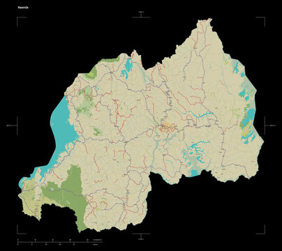 Rwanda shape on black. Topographic Map
