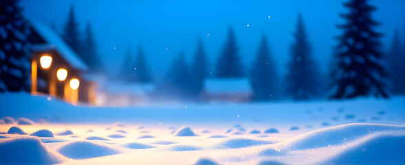 Closeup view of snow and ice from the ground with blurred houses on the background. Night winter landscape.