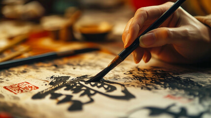 Traditional Chinese calligraphy being created for New Year, AI Generated - Powered by Adobe