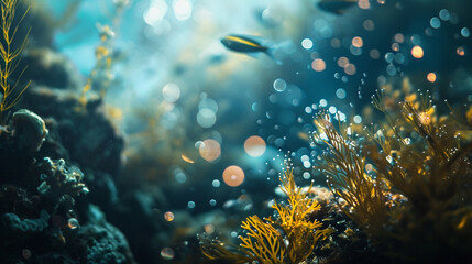 Underwater scene featuring marine life in bokeh lights, AI Generated