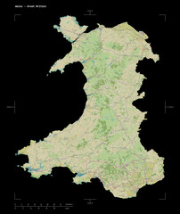 Wales - Great Britain shape on black. Topographic Map