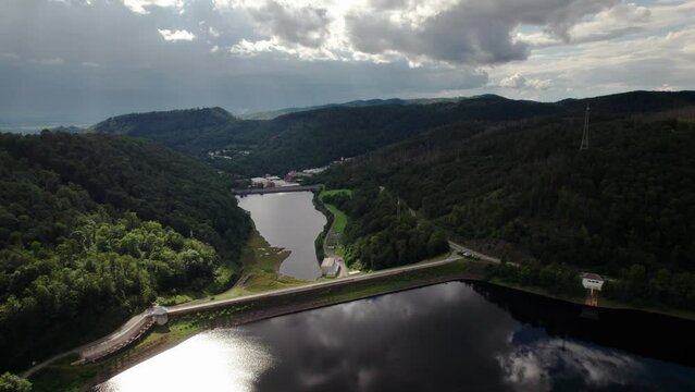 Aerial drone video of flight over the lake in Bad Lauterberg Germany.
