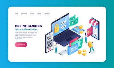 Isometric mobile banking services landing page template with people using big devices - obrazy, fototapety, plakaty