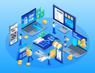 Isometric mobile banking services composition background with people making transactions using big screens