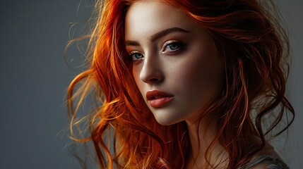 young woman with beautiful red hair posing against a gray background