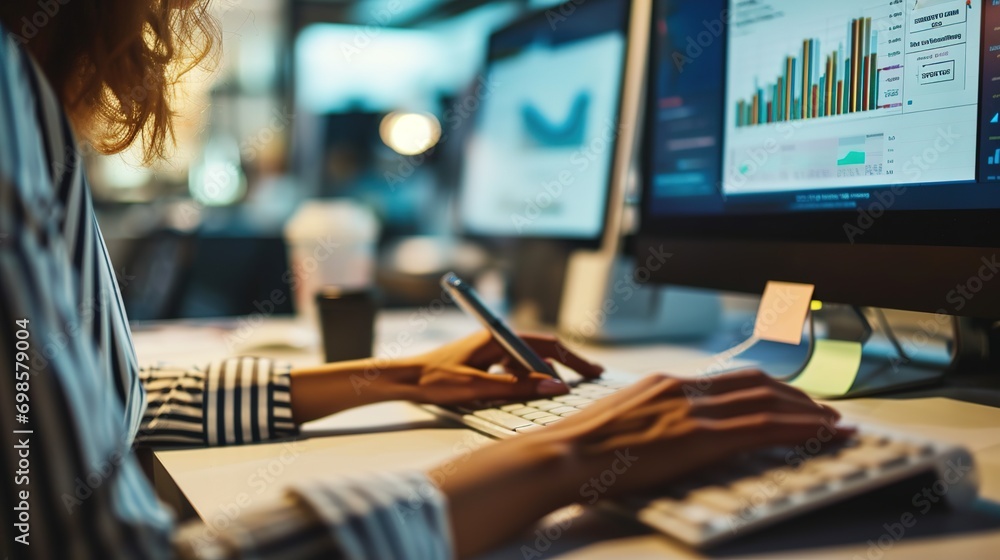 Poster accountant examines a financial statement on a computer using a graph. auditing the balance sheet