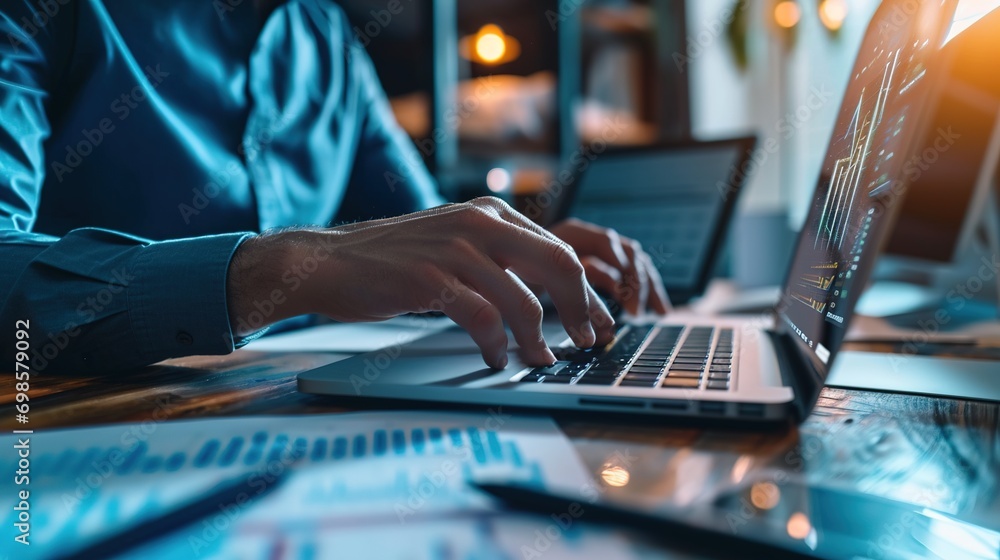 Poster accountant examines a financial statement on a computer using a graph. auditing the balance sheet