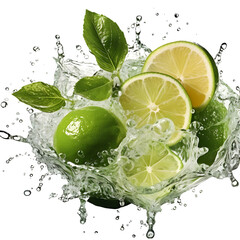half lime, leaves, ice cubes and water splash  isolated on transparent background Generative AI	
