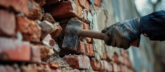 Uniformed man demolishes brick wall with hammer. - obrazy, fototapety, plakaty