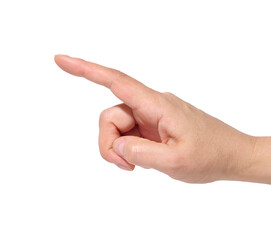 Female hand pointing to the side with index finger on isolated background