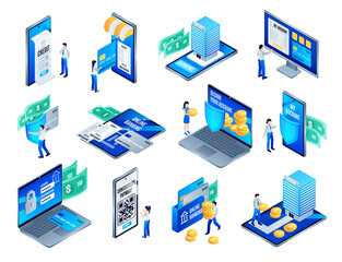 Isometric mobile banking services original elements collection with people using devices