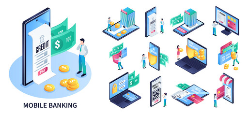 Isometric mobile banking services icon illustration collection with people using devices