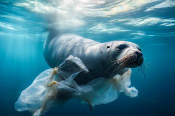 Ocean's Bind: A Seal's Struggle Against Plastic Pollution, selective focus