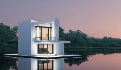 white house in a minimalist style on the lake, lights are on in the windows in the evening