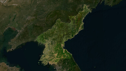North Korea highlighted. Low-res satellite map