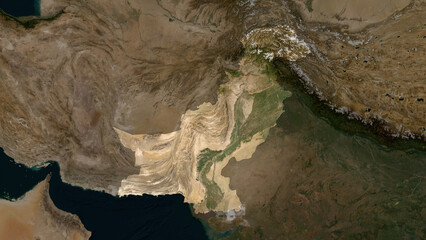 Pakistan highlighted. Low-res satellite map © zelwanka