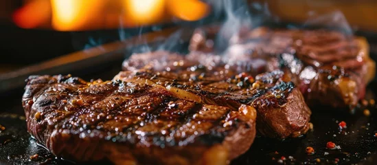Rolgordijnen Grilling steak on hot iron plate © AkuAku
