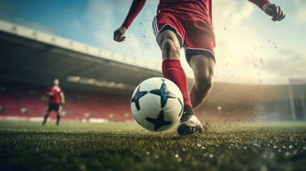 close-up.   soccer ball and football player's legs, playing on the field - obrazy, fototapety, plakaty