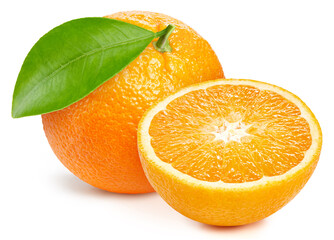Fresh organic orange with leaves isolated on white background