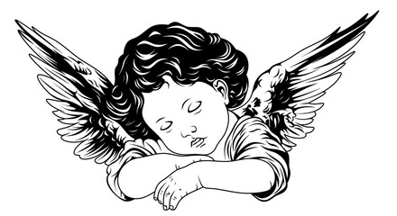 A little angel with wings. Black and white illustration of a little angel. Baby angel sleeping. 