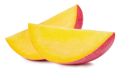 Mango fruit slices leaves over white
