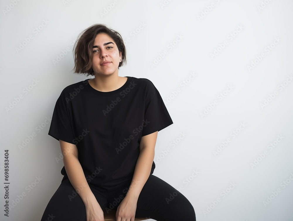 Wall mural Attractive young woman wearing blank empty oversize black t-shirt mockup for design template