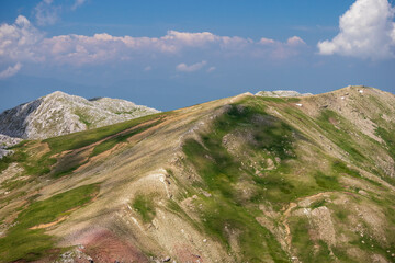 Panoramic view of rugged mountains.