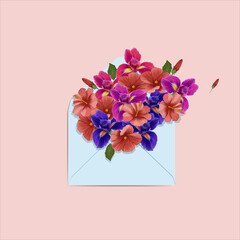 Envelope with iris and hibiscus flowers. Design Template with Copy Space for Text.