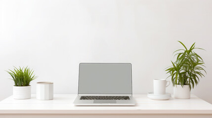 Work desk against a white wall background