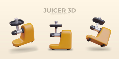 Realistic juicer in different positions. Poster with home appliance with yellow background and place for text. Juice production concept. Vector illustration in 3d style