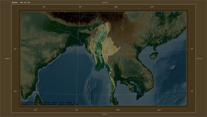 Myanmar highlighted - composition. Physical Map