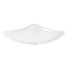 Empty square ceramic plate low angle shot, isolated on white background. White dishes for chips. Mockup of tableware, kitchen utensils. Realistic vector illustration. 3d design