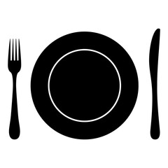 Cutlery icon. Plate fork and knife isolated on white background. Flat design, vector silhouette