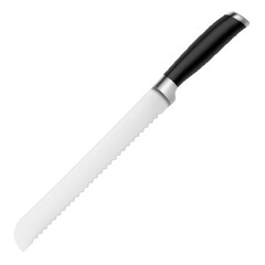 Chef's kitchen knife with black handle isolated on white background with clipping path. Steak knife curved. Top view. Kitchenware. Realistic 3D vector illustration. Mock up.