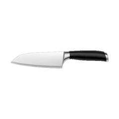 Chef's kitchen knife with black handle isolated on white background with clipping path. Steak knife curved. Top view. Kitchenware. Realistic 3D vector illustration. Mock up.